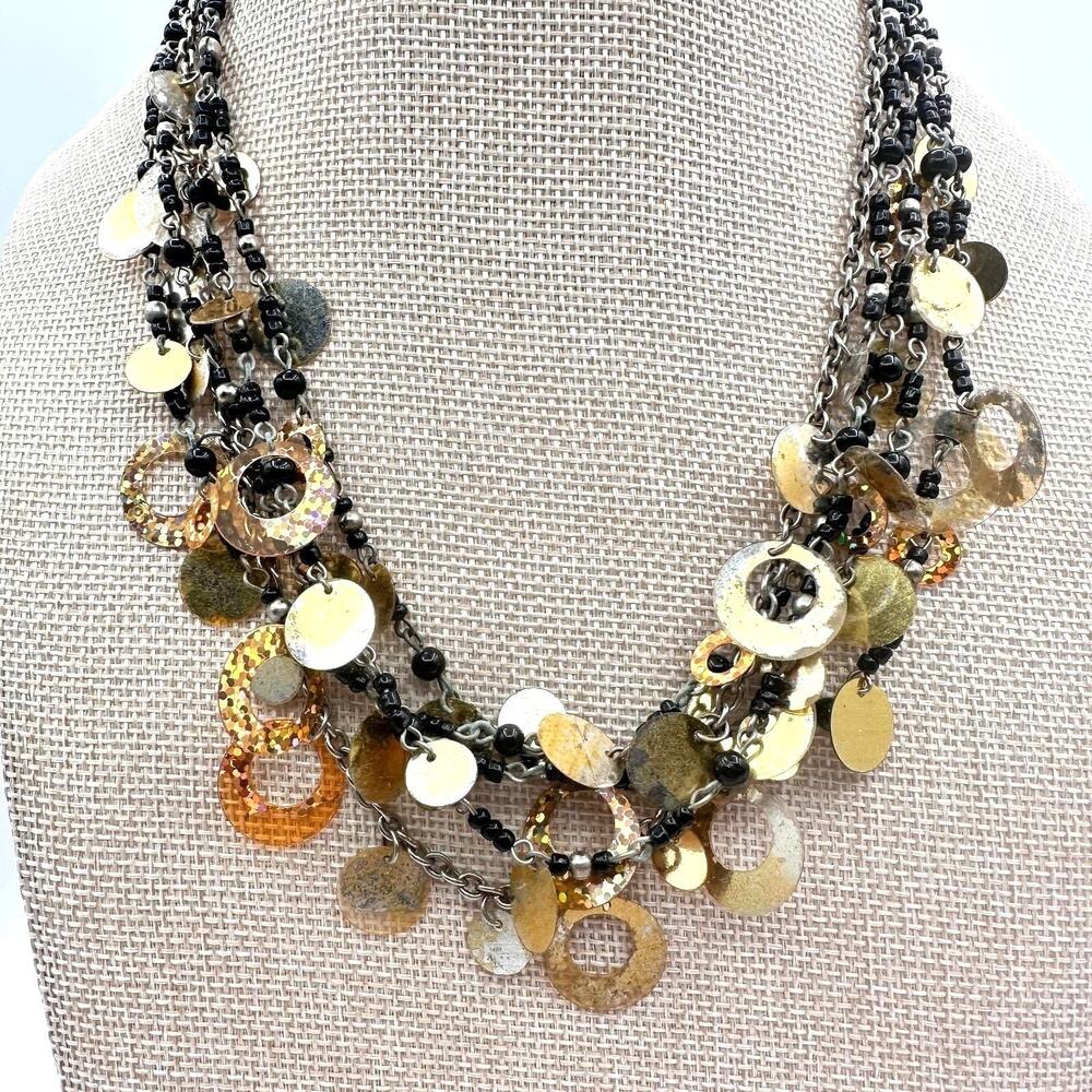 Vintage Y2K Twisted Statement Necklace Glitter Disc Black Bead Fringe Jewelry